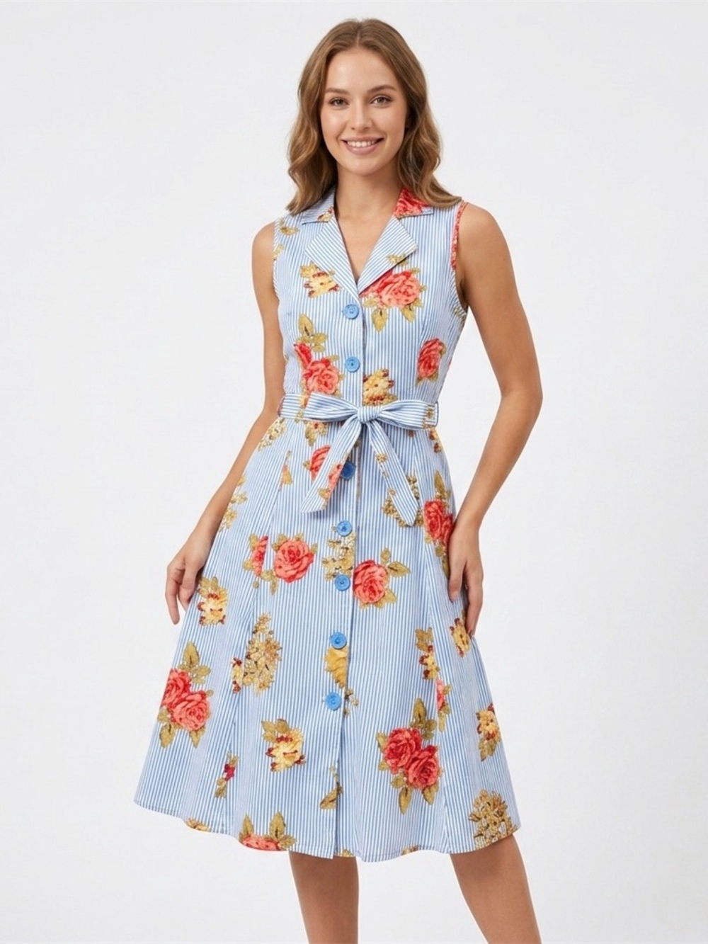 Mlle Gabrielle Blue and White Striped Floral Belted Midi Dress